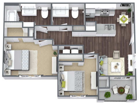 Floor plan for 2 beds, 1.5 baths, 896 sqft